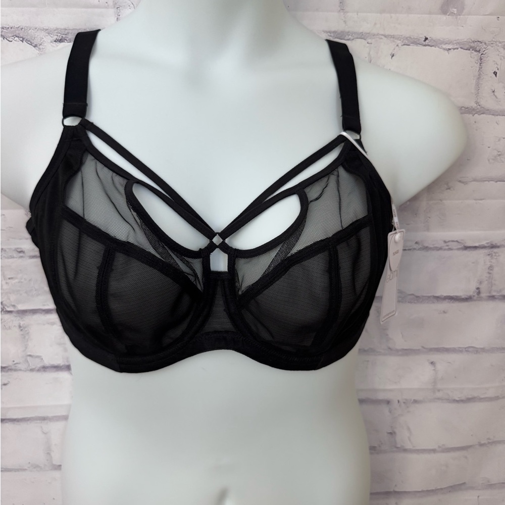 Elomi Sachi Plunge‎ Bra Underwire Unlined USA 38DDD Strappy Sheer Black New